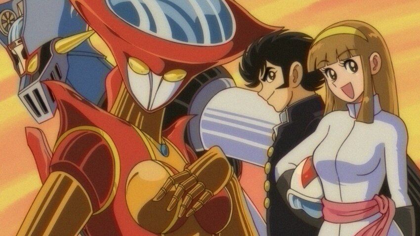 1boy 1girl :d aphrodai_a armor black_gloves black_hair blunt_bangs bodysuit breasts brown_hair cockpit from_side glass_cockpit gloves hairband head_spikes helmet highres holding holding_helmet kabuto_kouji long_hair looking_at_viewer mazinger_(series) mazinger_z mazinger_z_(mecha) mecha mecha_focus mecha_pilot_suit miroku_(miroku_t) motorcycle_helmet multicolored_armor nagai_gou_(style) official_style open_mouth orange_armor pilder pink_sash profile red_armor robot robot_girl sash short_hair sideways_glance smile spiked_hair super_robot unworn_headwear unworn_helmet v-shaped_eyebrows white_bodysuit white_helmet yellow_eyes yellow_hairband yumi_sayaka