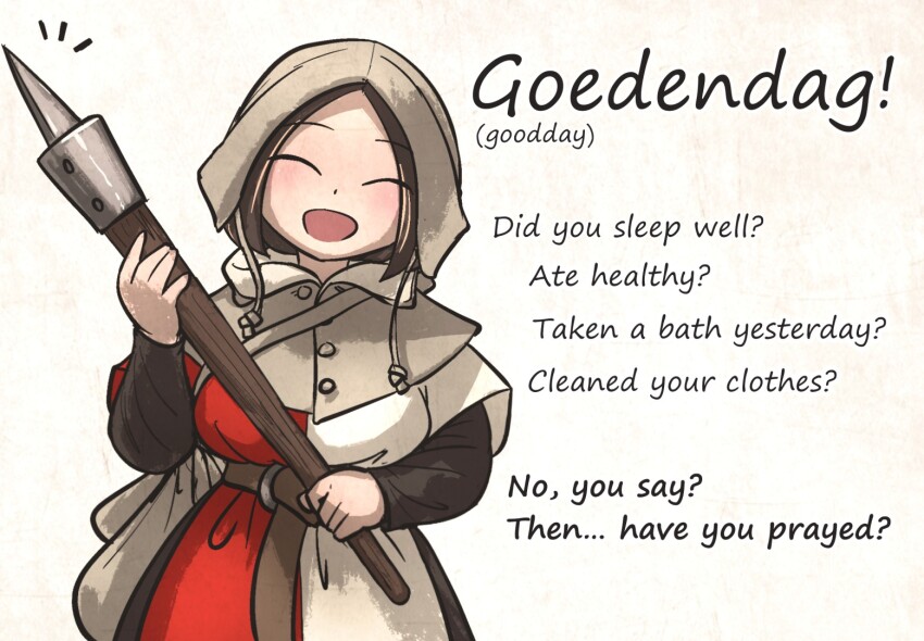 1girl bag belt blush brown_hair closed_eyes club club_(weapon) coif commentary dutch_text english_text facing_viewer gambeson grey_bag holding holding_club holding_weapon ironlily medieval open_mouth ordo_mediare_sisters_(ironlily) pun satchel short_hair simple_background solo spiked_club surcoat upper_body weapon white_background