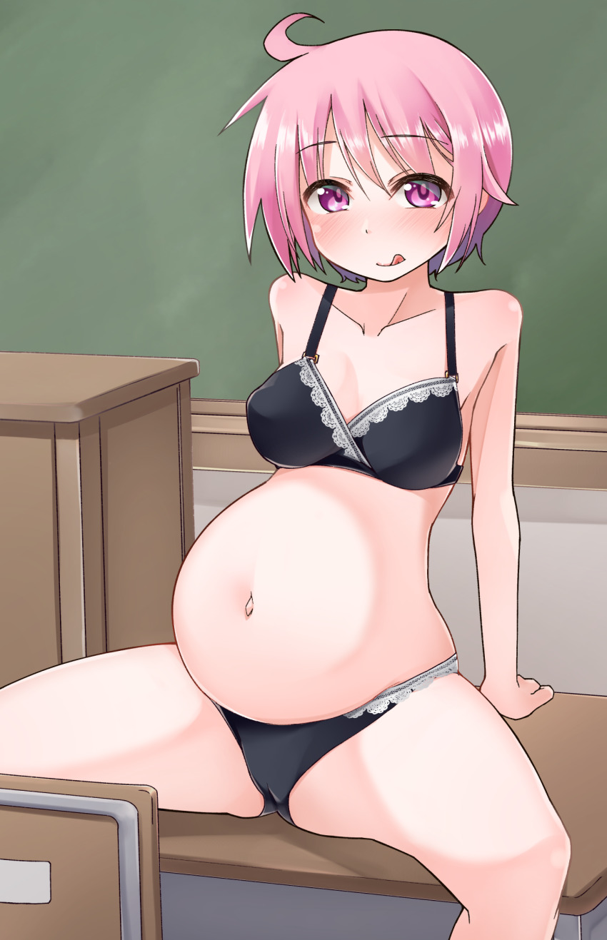 1girl baaad_sima black_bra black_panties blush bra breasts cameltoe classroom highres looking_at_viewer navel nonohara_yuzuko on_table panties pink_eyes pink_hair pregnant short_hair sitting small_breasts solo spread_legs table underwear yuyushiki