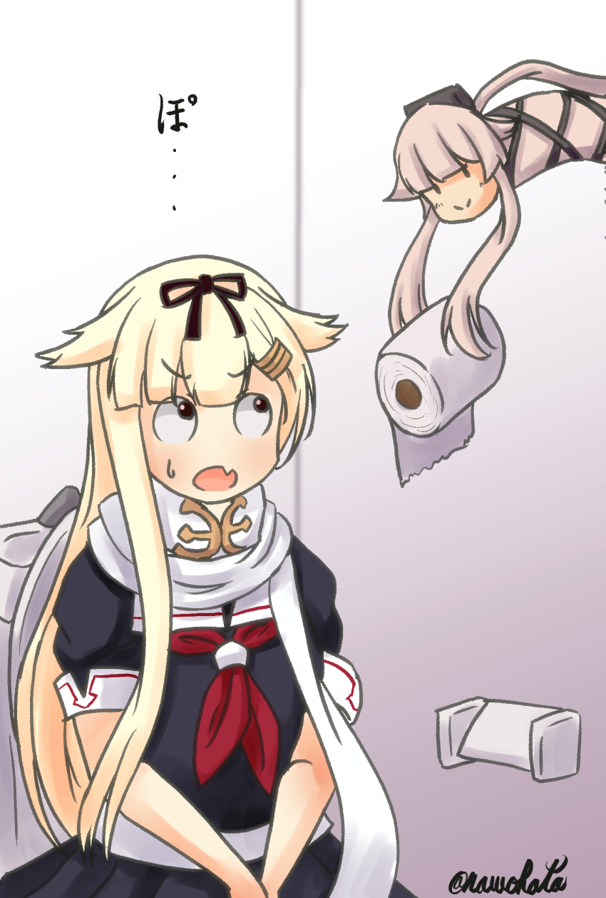 black_ribbon black_serafuku black_shirt black_skirt blonde_hair commentary_request fang hair_flaps hair_ornament hair_ribbon hairclip highres kantai_collection long_hair nawohata neckerchief pleated_skirt red_eyes red_neckerchief ribbon sailor_collar scarf school_uniform serafuku shirt short_sleeves sitting skin_fang skirt toilet toilet_paper twitter_username white_sailor_collar white_scarf yura_(kancolle) yura_(snake) yuudachi_(kancolle) yuudachi_kai_ni_(kancolle)