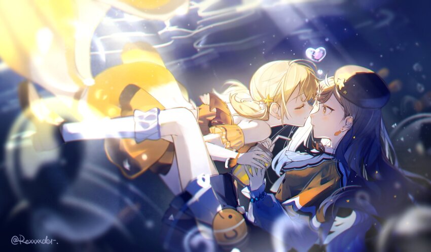 2girls azusawa_kohane blonde_hair blue_hair blue_shirt blue_skirt chinese_commentary closed_mouth commentary_request earrings fish_earrings frills hair_ornament hat highres holding_hands jewelry jingzhaowhale long_hair long_sleeves multiple_girls orange_eyes orange_skirt parted_lips project_sekai shiraishi_an shirt skirt smile socks star_(symbol) star_hair_ornament twintails twitter_username underwear white_socks yuri