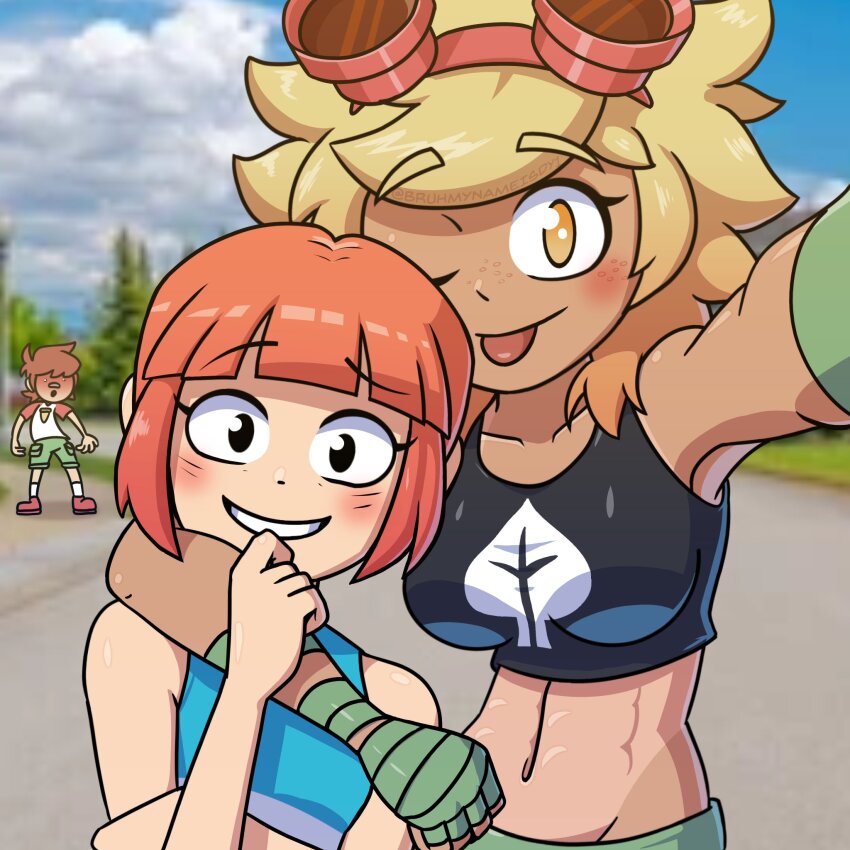 1boy 2girls :p abs aqua_shirt arm_around_neck arm_under_breasts armpits artist_name bandaged_arm bandaged_hand bandages bare_shoulders black_eyes black_shirt black_tank_top blonde_hair blue_sky blunt_bangs blurry blurry_background blush bob_cut breasts brown_hair bruhmynameisdylan cargo_shorts close-up closed_mouth cloud collarbone commentary cumulonimbus_cloud curled_fingers dark-skinned_female dark_skin day depth_of_field english_commentary facial_hair freckles goatee goggles goggles_on_head green_shorts grin group_picture hand_on_another&#039;s_arm hand_on_own_arm head_tilt height_difference highres lawn medium_breasts multiple_girls nate_timely_(plants_vs_zombies) navel o_o one-piece_tan one_eye_closed orange-tinted_eyewear outdoors pants parted_lips patrice_blazing_(plants_vs_zombies) photo_background plants_vs_zombies plants_vs_zombies_heroes portrait print_shirt raglan_sleeves raised_eyebrow raised_eyebrows reaching reaching_towards_viewer red_footwear red_goggles red_hair red_shirt road selfie shirt shoes short_hair shorts sidelocks sky sleeveless sleeveless_shirt small_breasts smile socks solar_flare_(plants_vs_zombies_heroes) solar_flare_(plants_vs_zombies_heroes)_(peargor) spiked_hair swept_bangs t-shirt tan tank_top tanline thick_eyebrows tinted_eyewear tomboy toned toned_female tongue tongue_out twitter_username two-tone_shirt white_shirt white_socks wrist_wrap yellow_eyes