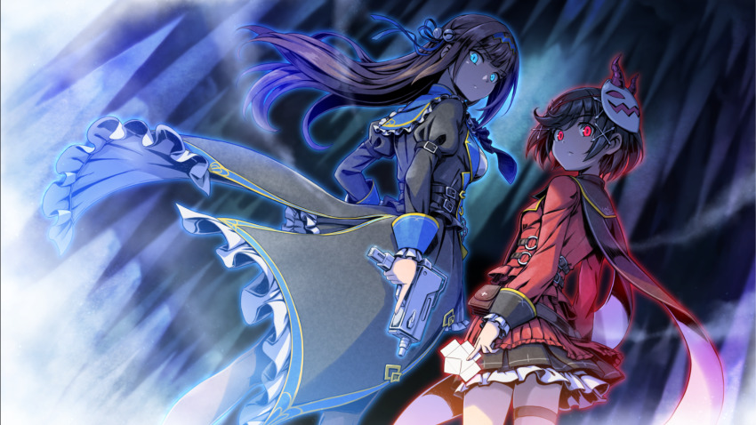2girls bell black_coat black_hair blue_eyes coat cowboy_shot from_behind gal_guardians gal_gun_(series) game_screenshot gun hair_bell hair_ornament highres holding holding_gun holding_weapon jacket kamizono_maya kamizono_shinobu long_hair looking_at_viewer looking_back mask mask_on_head multiple_girls non-web_source official_art red_eyes red_jacket red_skirt shikigami short_hair siblings sisters skirt trigger_discipline weapon