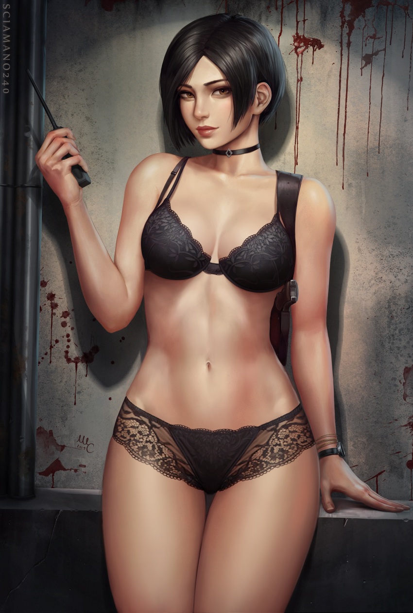 1girl ada_wong bare_shoulders black_hair blush bra breasts brown_eyes choker female_focus gloves gun highres lingerie looking_at_viewer medium_breasts navel panties resident_evil resident_evil_2 resident_evil_2_(remake) revision sciamano240 short_hair simple_background solo standing underwear weapon