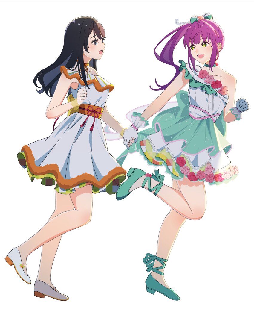 2girls 4th_live_dream_~bloom_the_dream_believers~ :d absurdres animification aqua_bow aqua_shoes black_hair bow clenched_hands collarbone dress eye_contact flower flower-trimmed_dress flower_stand_art frilled_dress frilled_gloves frills fujiwaland full_body fur-trimmed_dress fur_trim gloves green_eyes hair_bow hair_flower hair_ornament hanamiya_nina highres holding_hands link!_like!_love_live! long_hair looking_at_another looking_back love_live! multiple_girls obi obijime open_mouth orange_sash orange_trim otomune_kozue pink_flower pink_rose ponytail purple_hair real_life rose running sash shoes short_dress simple_background single-shoulder_dress single_bare_shoulder smile suisai_sekai virtual_youtuber voice_actor voice_actor_connection white_background white_dress white_gloves white_shoes yume_wazurai