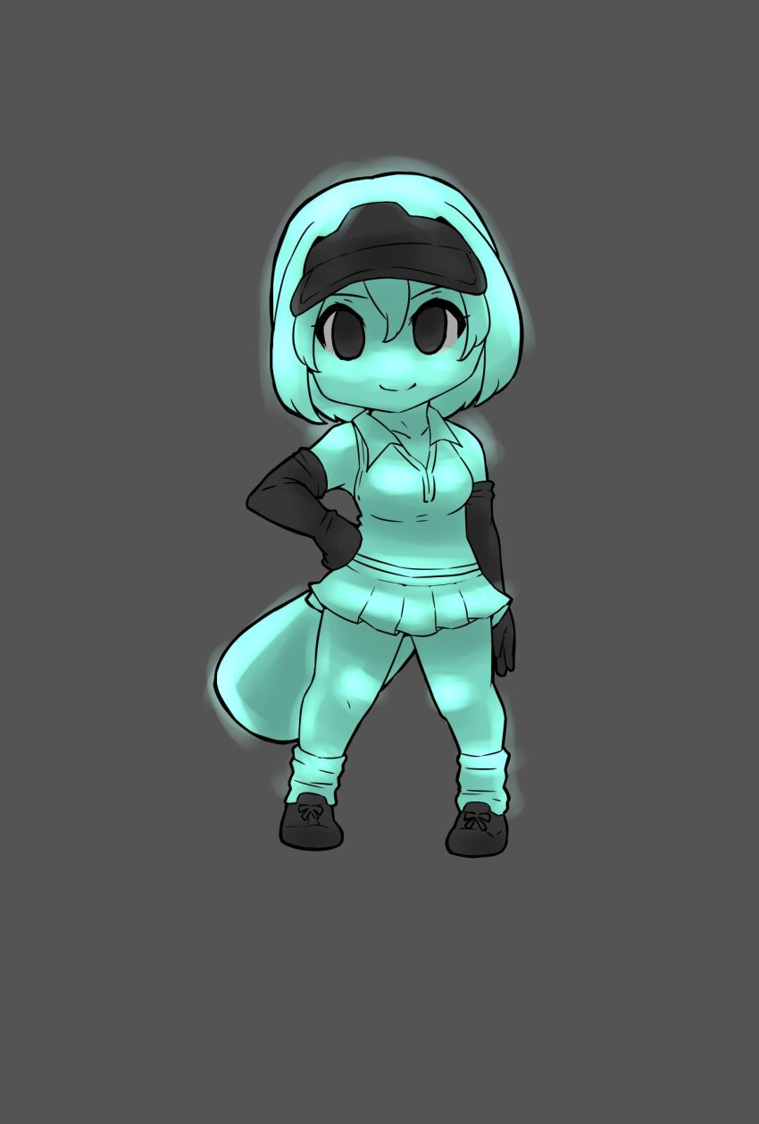 1girl bare_shoulders black_footwear black_gloves elbow_gloves full_body gloves glowing glowing_clothes glowing_hair glowing_skin gravi_pig4891 hair_between_eyes highres kemono_friends looking_at_viewer loose_socks platypus_(kemono_friends) platypus_girl pleated_skirt short_hair sidelocks skirt sleeveless smile socks solo tail visor_cap