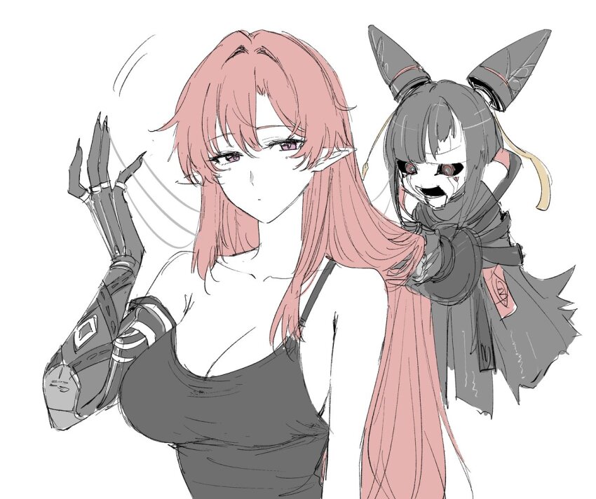 1girl alternate_costume black_camisole black_gloves breasts camisole circle_facial_mark cleavage collarbone elbow_gloves gloves hair_down large_breasts long_hair looking_at_viewer mark_under_both_eyes pointy_ears purple_eyes red_hair sbs simple_background strap_slip upper_body very_long_hair white_background wuthering_waves yinlin_(wuthering_waves) zapstring_(wuthering_waves)