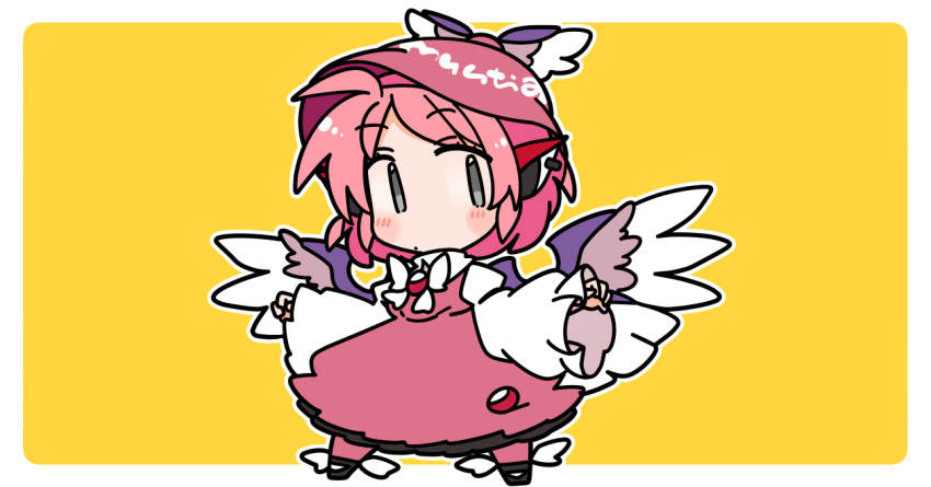 1girl animal_ear_piercing animal_ears bird_ears bird_wings black_shoes blush border brown_dress brown_hat brown_socks closed_mouth commentary_request dress full_body hat ini_(inunabe00) long_sleeves looking_at_viewer mystia_lorelei outline outside_border pink_hair shirt shoes short_hair simple_background socks solo touhou white_border white_outline white_shirt winged_hat winged_shoes wings yellow_background