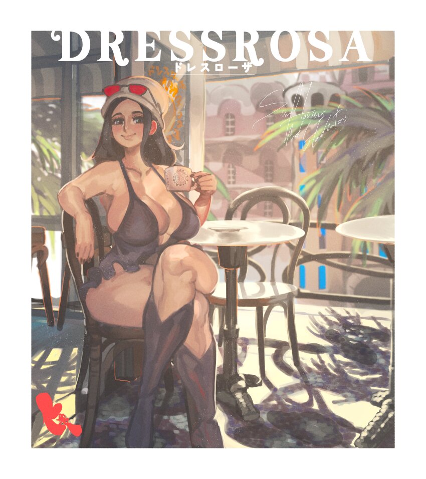 1girl absurdres bare_shoulders beanie black_hair blue_eyes boots breasts building cafe cleavage crossed_legs cup dress eyewear_on_head from_inside full_body hat highres holding holding_cup in-universe_location indoors keziedra knee_boots large_breasts long_hair looking_at_viewer low_neckline microdress mug nico_robin nico_robin_(dressrosa) on_chair one_piece postcard red-tinted_eyewear round_table saucer sitting sleeveless sleeveless_dress smile solo sunglasses sunlight table thick_thighs thighs tinted_eyewear white_hat window