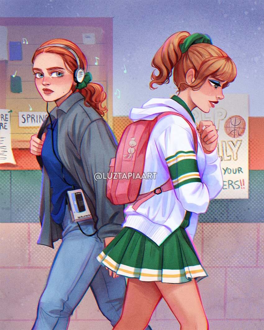 2girls artist_name backpack bag blue_eyes blue_eyeshadow blue_pants brown_hair cassette_player chrissy_cunningham denim eyeshadow green_skirt grey_shirt headphones highres hood hoodie indoors jeans looking_at_another luztapiaart makeup max_mayfield multiple_girls open_clothes open_shirt orange_hair pants pink_bag pleated_skirt ponytail shirt skirt stranger_things watermark white_hoodie