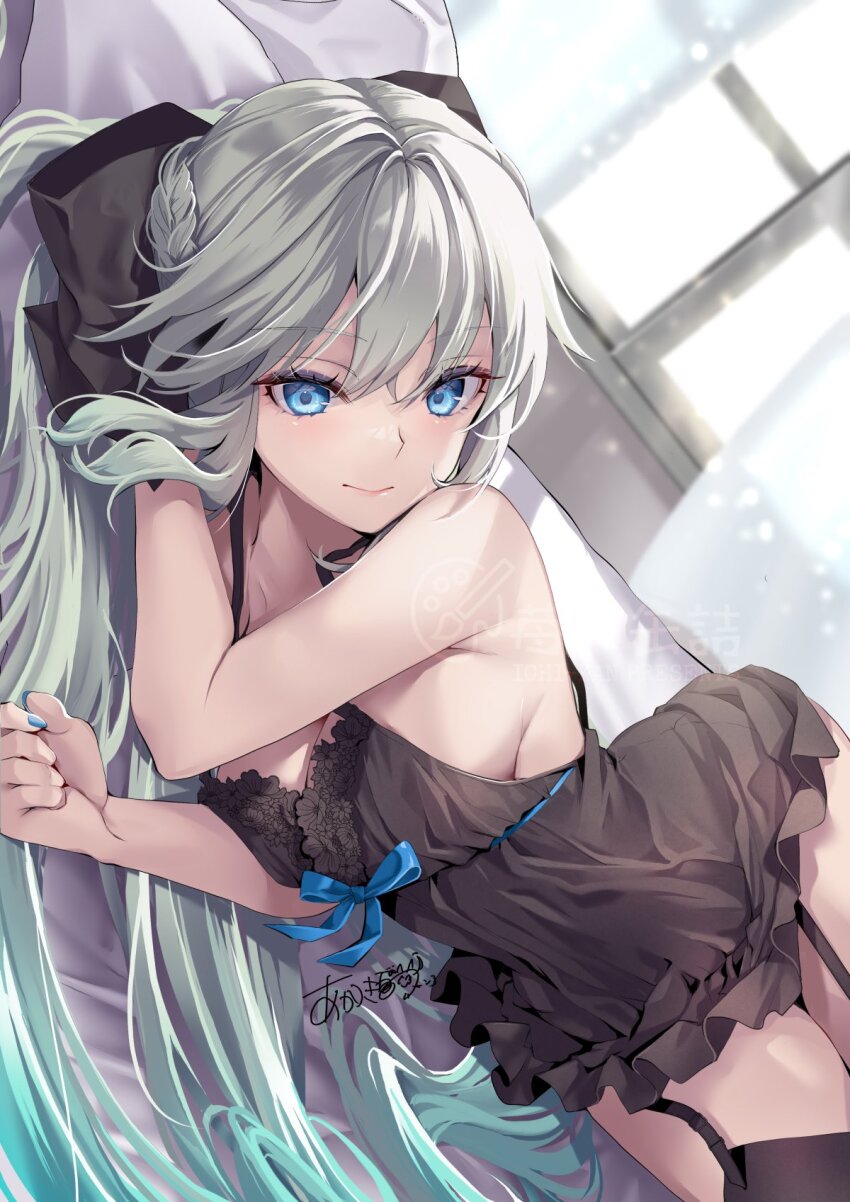 1girl akatsuki_hijiri aqua_hair babydoll black_babydoll black_thighhighs blue_eyes breasts closed_mouth curtains fate/grand_order fate_(series) garter_straps grey_hair highres indoors large_breasts long_hair lying morgan_le_fay_(fate) multicolored_hair on_bed on_side sideboob solo thighhighs two-tone_hair window