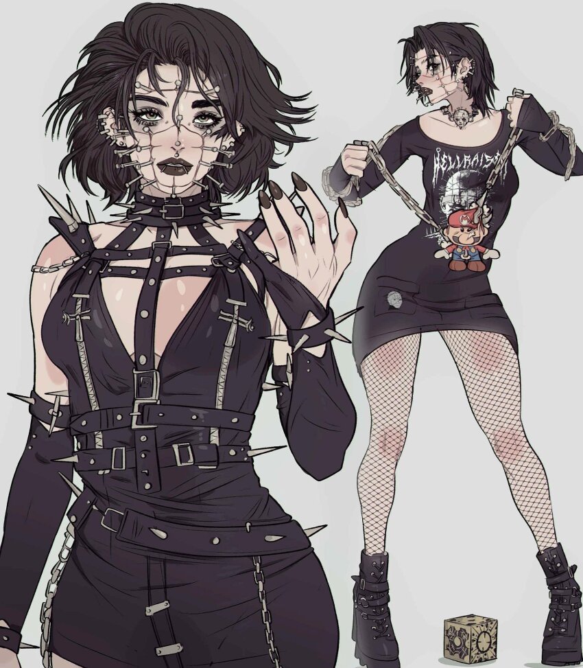 1girl belt belt_buckle black_boots black_choker black_gloves black_hair black_nails boots bracelet buckle chain character_doll choker cosplay ear_piercing fingerless_gloves fishnet_pantyhose fishnets full_body gloves goth_fashion grey_background hellraiser highres jewelry lament_configuration mario mario_(series) necklace nintendo original pantyhose piercing pinhead pinhead_(cosplay) print_shirt shirt solo spiked_bracelet spiked_choker spikes wojak yoracrab zipper