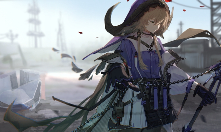 1girl arknights black_gloves blonde_hair blurry blurry_background chain chinese_commentary chromatic_aberration commentary_request day gloves green_eyes holding jacket jue_zz light_particles long_hair looking_down mixed-language_commentary off_shoulder outdoors pallas_(arknights) parted_lips partial_commentary purple_shirt shirt skirt solo standing very_long_hair white_jacket white_skirt wind