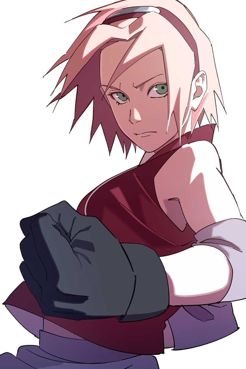 1girl absurdres black_gloves clenched_hand closed_mouth gloves green_eyes haruno_sakura highres looking_at_viewer midriff_peek naruto_(series) naruto_shippuuden pink_hair pnpk_1013 red_shirt shirt short_hair sleeveless sleeveless_shirt solo upper_body white_background