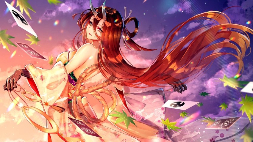 1girl autumn_leaves breasts brown_hair chiachun0621 fate/grand_order fate/requiem fate_(series) from_behind highres horns japanese_clothes kijo_kouyou_(fate) kijo_kouyou_(third_ascension)_(fate) kimono leaf long_hair looking_back off_shoulder slit_pupils smile solo twilight wide_sleeves
