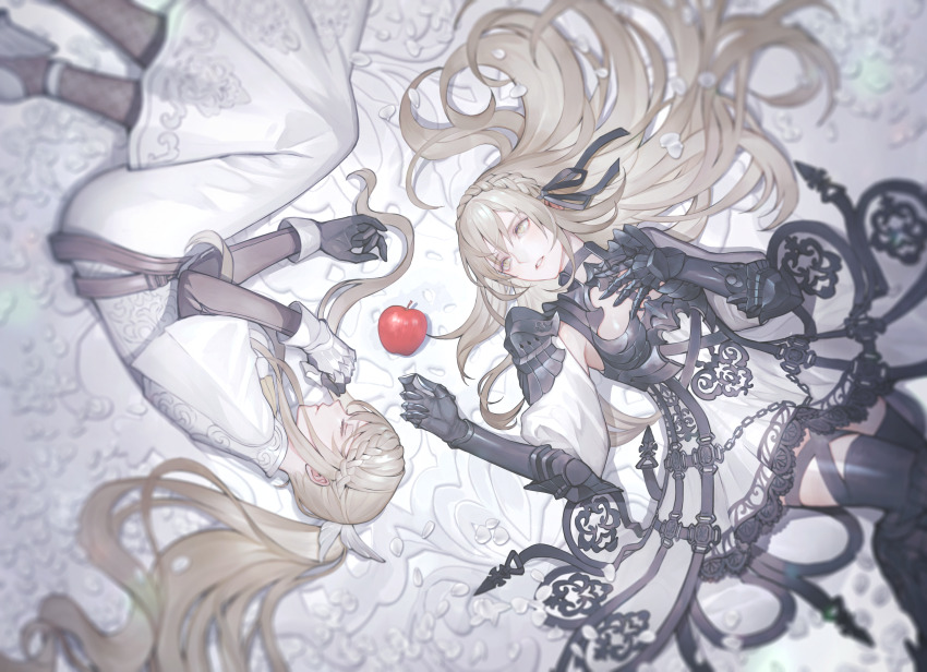 2girls absurdres apple armor blonde_hair dress fetal_position food fruit gauntlets greaves grey_eyes hand_on_own_chest highres lying multiple_girls original petals senano-yu white_background white_dress