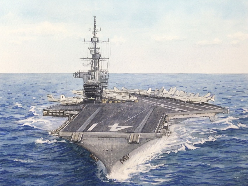 aircraft aircraft_carrier airplane atelier_bono ea-6b_prowler f-4_phantom_ii f-8_crusader highres jet_airliner military_vehicle no_humans ocean original painting_(medium) ship traditional_media united_states_navy uss_midway_(cv-41) vehicle_focus warship watercolor_(medium) watercraft