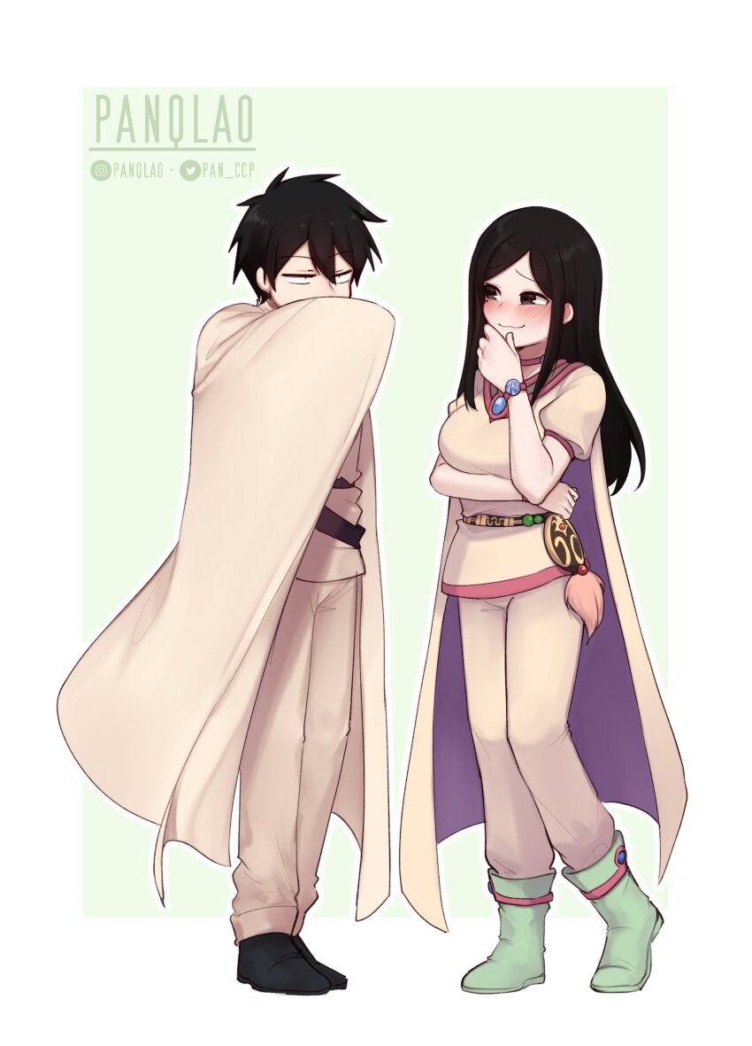 1boy 1girl absurdres amelia_wil_tesla_seyruun amelia_wil_tesla_seyruun_(cosplay) black_eyes black_hair blush breasts cape commission cosplay highres jewelry jitome kazama_souta large_breasts long_hair medium_hair mole mole_under_eye panqlao sakurai_touko senpai_ga_uzai_kouhai_no_hanashi shirt short_hair sidelocks simple_background skirt slayers smirk white_cape zelgadiss_graywords zelgadiss_graywords_(cosplay)