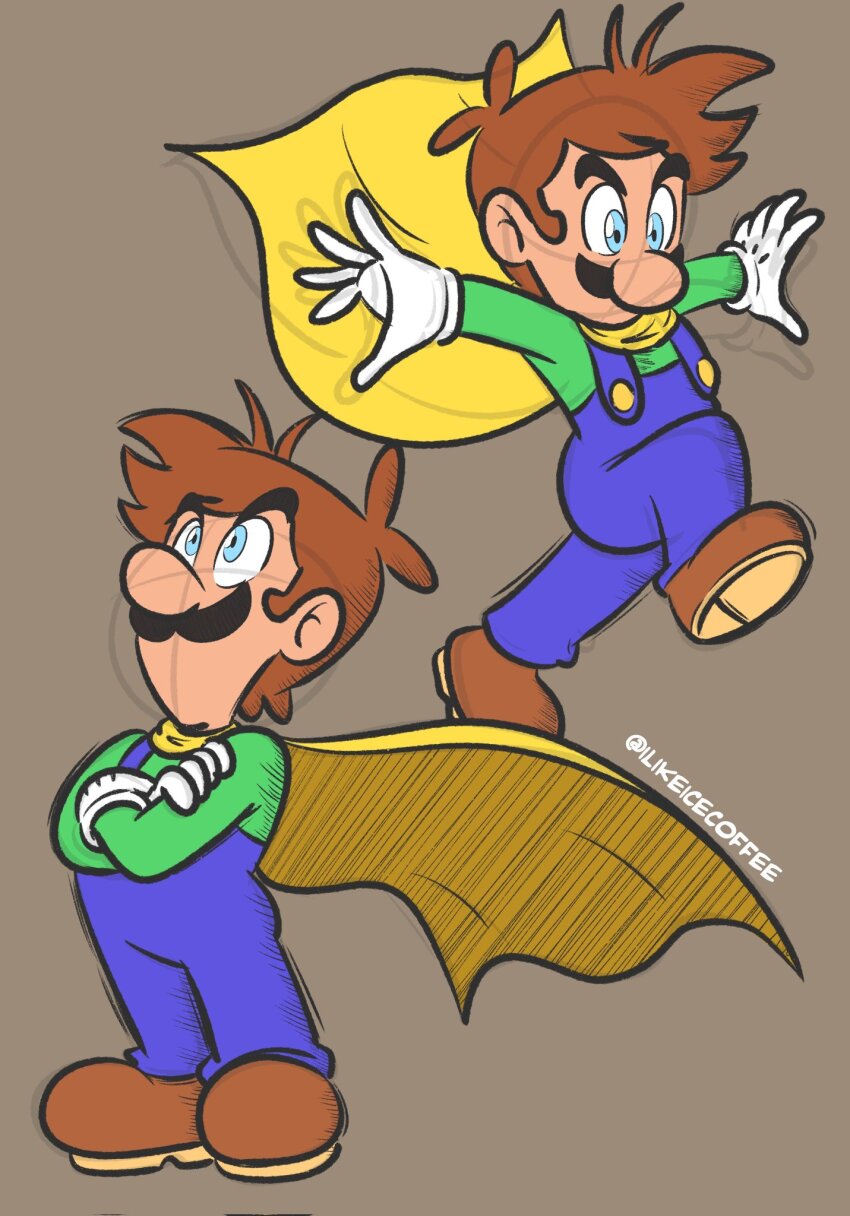 1boy artist_name blue_eyes brown_hair cape cape_luigi crossed_arms facial_hair full_body gloves highres ilikeicecoffee jump luigi male_focus mario_(series) mustache nintendo overalls standing super_mario_world