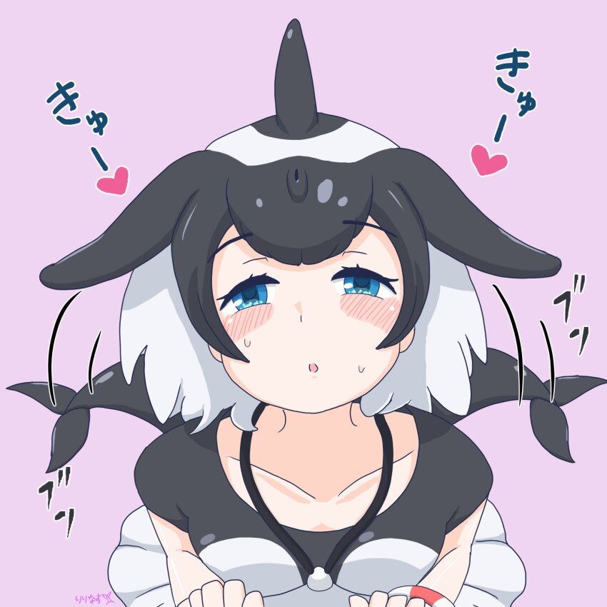 afterimage black_one-piece_swimsuit blowhole blue_eyes blush bracelet cetacean_tail collarbone commerson&#039;s_dolphin_(kemono_friends) dolphin_girl dorsal_fin fins fish_tail frilled_one-piece_swimsuit frills from_above hair_between_eyes heart highres jewelry kemono_friends looking_at_viewer one-piece_swimsuit ririnasoon short_hair sidelocks sweatdrop swimsuit tail tail_wagging translation_request two-tone_one-piece_swimsuit white_one-piece_swimsuit