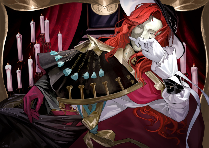 1boy absurdres aleph_(reverse:1999) asymmetrical_gloves black_hat candle covered_face covered_mouth covering_own_mouth curtains facing_viewer fire gloves hand_over_own_mouth hat highres long_hair lying male_focus mismatched_gloves official_alternate_costume on_side qiu_(b3g3c) red_gloves red_hair reverse:1999 shirt solo stage_curtains upper_body white_gloves white_mask white_shirt