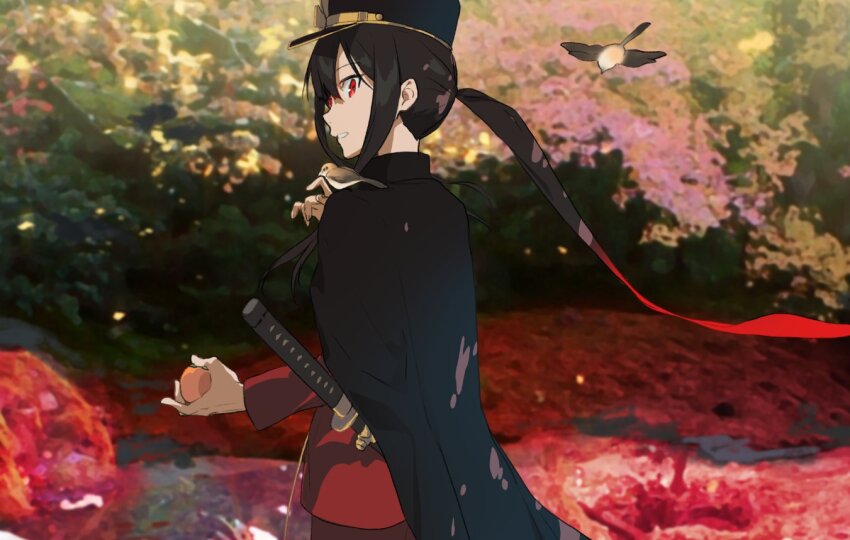 1boy akinashi_yuu androgynous bird black_cape black_hair black_hat cape commentary_request fate/grand_order fate_(series) from_side gradient_hair hat katana long_hair looking_at_viewer male_focus military_hat multicolored_hair oda_nobukatsu_(fate) ponytail red_eyes red_hair shako_cap sheath sheathed solo sword upper_body weapon