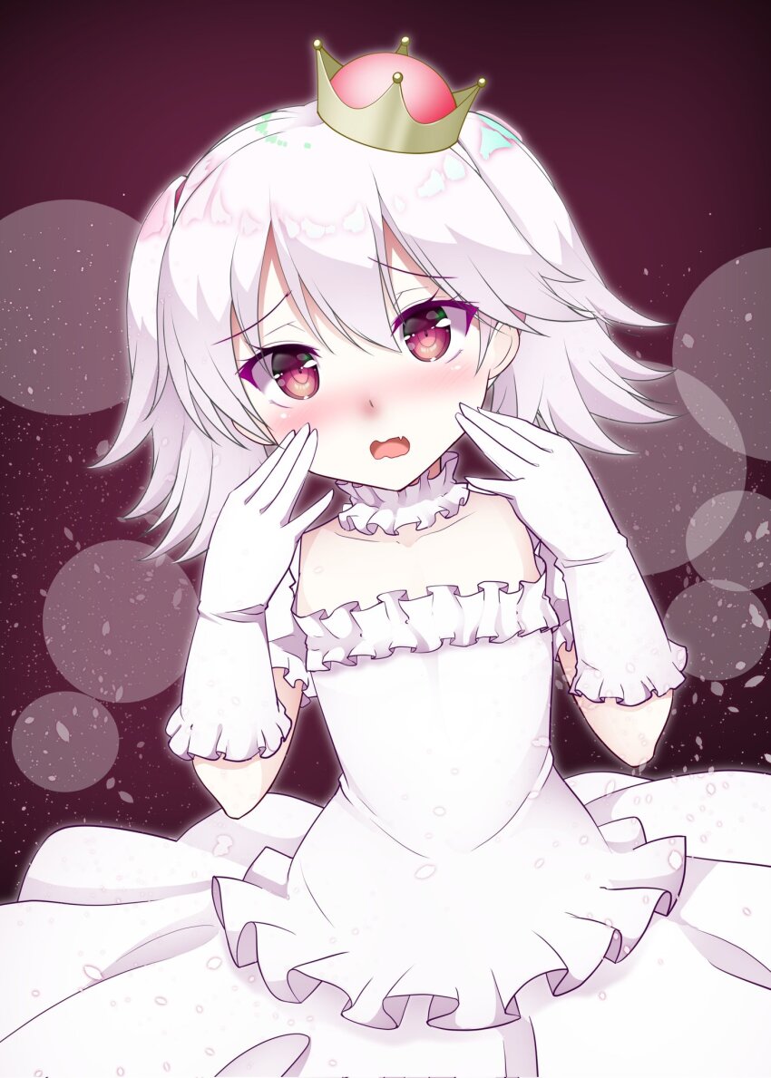 1girl blush brown_background collar collarbone cosplay crown dress dutch_angle elbow_gloves frilled_collar frilled_dress frilled_gloves frills gloves hair_between_eyes hand_up highres kantai_collection kirigakure_(kirigakure_tantei_jimusho) looking_at_viewer luigi&#039;s_mansion mario_(series) mini_crown new_super_mario_bros._u_deluxe nintendo nose_blush princess_king_boo princess_king_boo_(cosplay) puffy_short_sleeves puffy_sleeves red_eyes ryuujou_(kancolle) short_sleeves solo super_crown tilted_headwear white_dress white_gloves white_hair