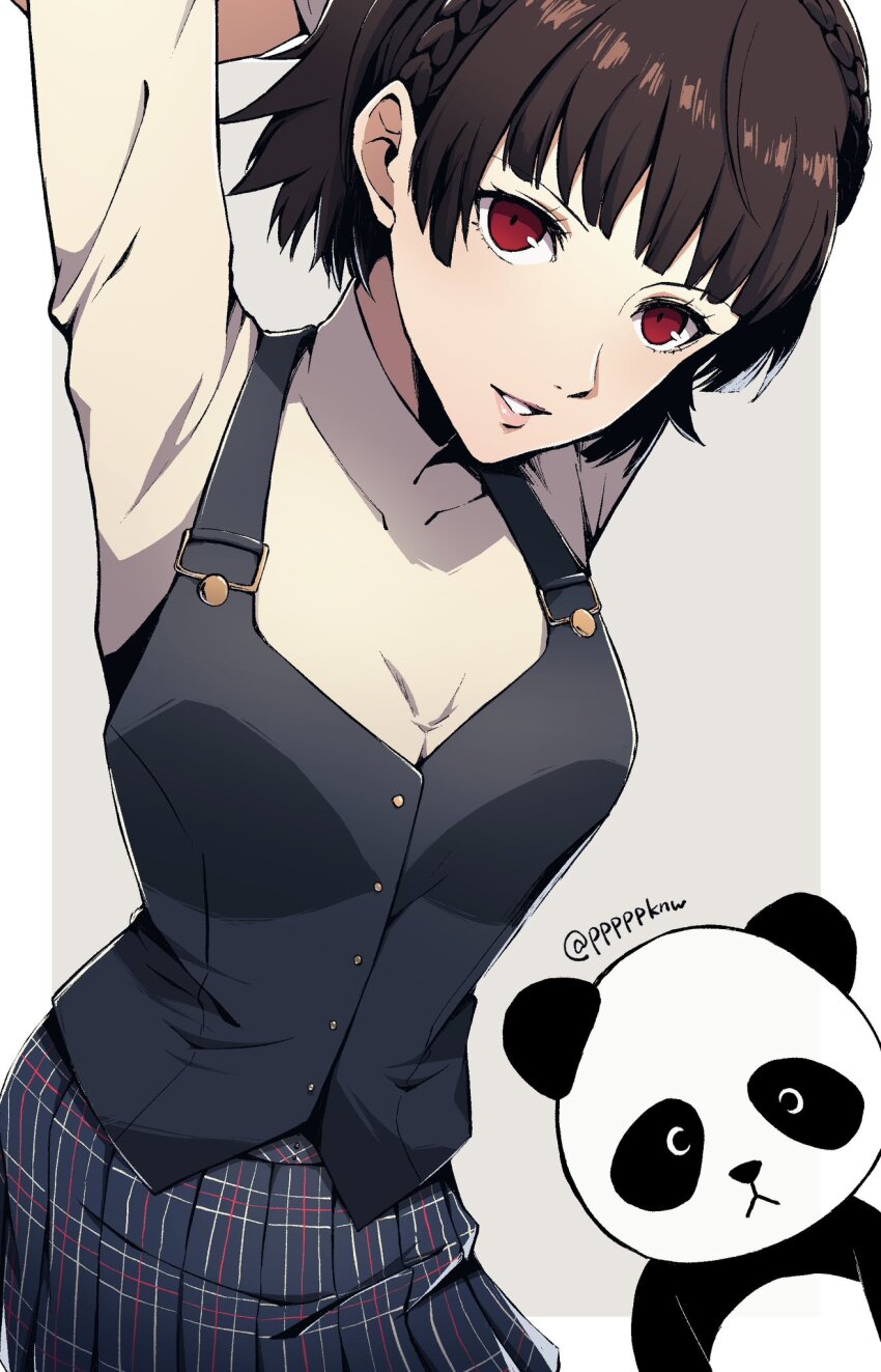 1girl artist_name braid brown_hair crown_braid highres long_sleeves looking_at_viewer niijima_makoto panda persona persona_5 pleated_skirt pppppknw red_eyes school_uniform shirt short_hair shuujin_academy_school_uniform skirt