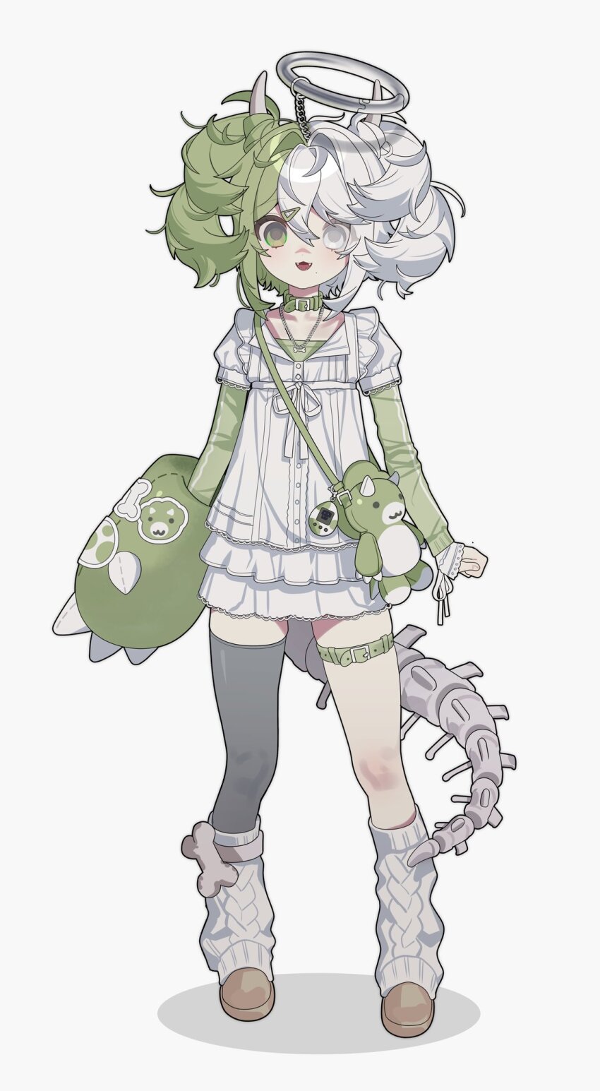 0_o_s_k 1girl bag belt brown_shoes collar commentary dress fangs full_body green_belt green_collar green_eyes green_hair grey_halo grey_thighhighs halo heterochromia highres horns layered_sleeves long_sleeves looking_at_viewer loose_socks messy_hair multicolored_hair open_mouth original ribbed_socks shoes short_dress short_hair short_over_long_sleeves short_sleeves shoulder_bag sidelocks simple_background single_thighhigh sleeves_past_wrists smile socks solo standing tail tamagotchi tamagotchi_(virtual_pet) thigh_belt thigh_strap thighhighs two-tone_hair virtual_pet_(toy) white_background white_dress white_eyes white_hair white_horns white_socks