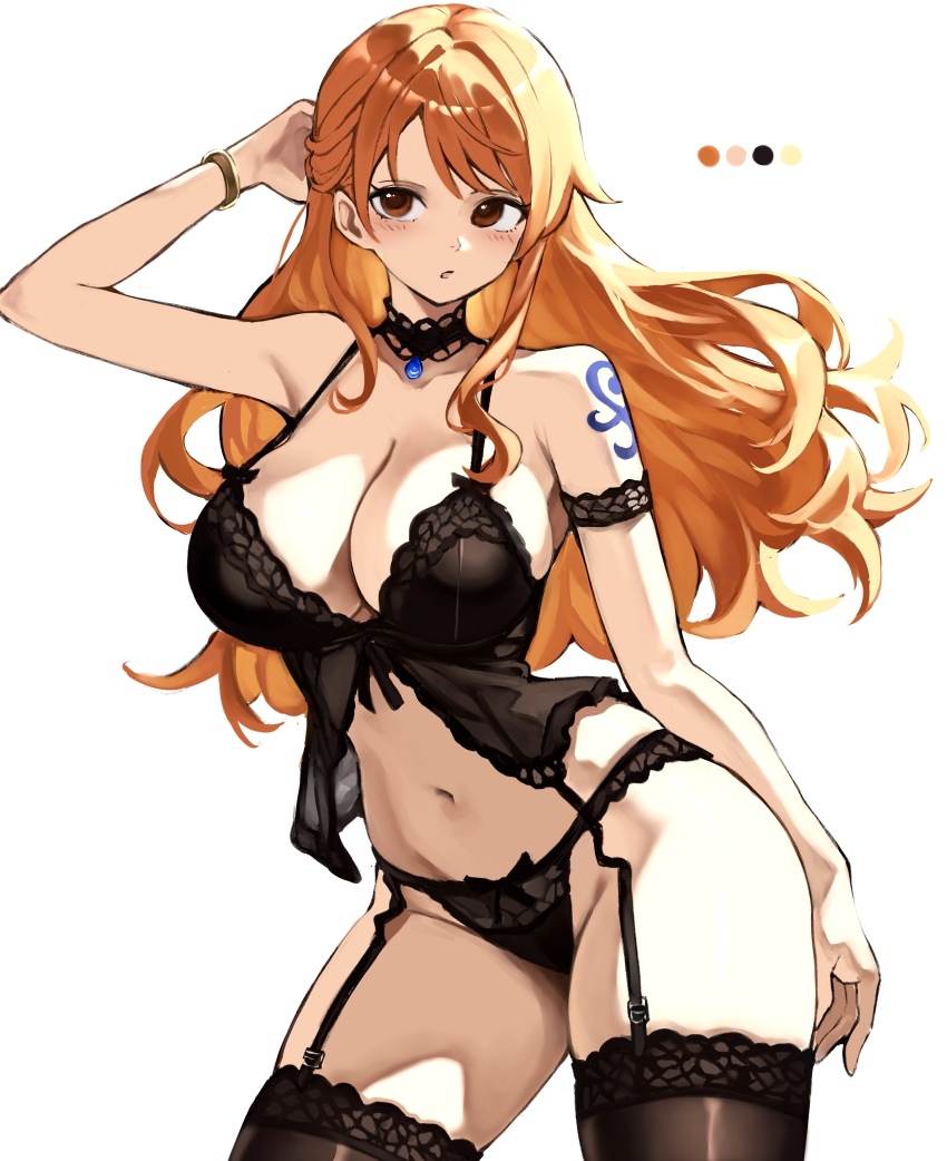 1girl absurdres arm_tattoo arm_up babydoll black_babydoll black_choker black_garter_belt black_panties black_thighhighs bracelet breasts brown_eyes choker cleavage color_guide cowboy_shot dress garter_belt highres jewelry kasumi_6 large_breasts lingerie long_hair nami_(one_piece) navel one_piece orange_hair panties simple_background solo tattoo thighhighs underwear white_background