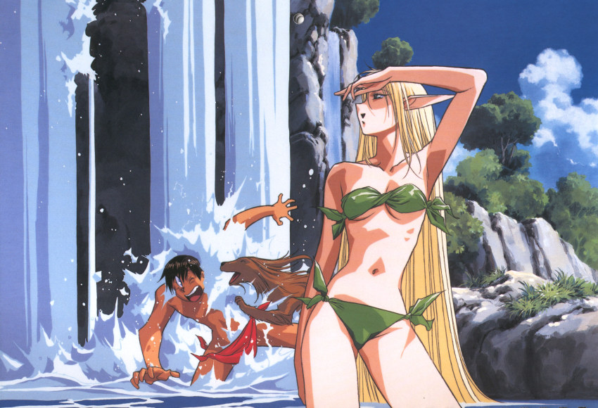 1990s_(style) 1boy 1girl bandeau bikini blonde_hair deedlit dog elf highres leaf_bikini long_hair non-web_source parn_(lodoss) pointy_ears record_of_lodoss_war retro_artstyle swimsuit very_long_hair water waterfall