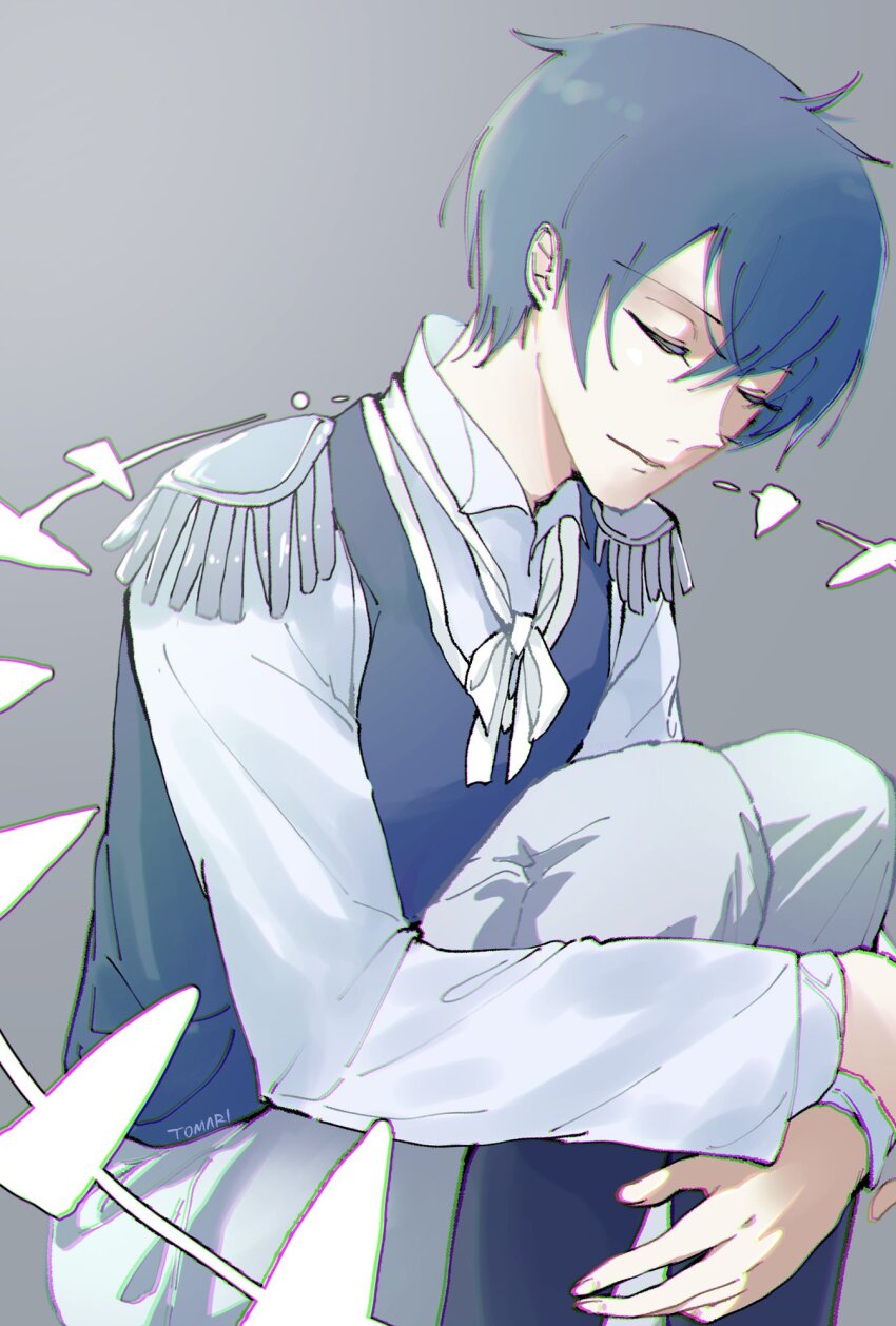 1boy adam_moonlit black_boots blue_hair boots closed_eyes closed_mouth collared_shirt commentary epaulettes evillious_nendaiki fetal_position gear_(evillious_nendaiki) grey_background heartbeat_clocktower_(vocaloid) highres kaito_(vocaloid) knees_to_chest male_focus pale_skin pants shirt short_hair sleeveless sleeveless_jacket tomari_drew vocaloid white_pants white_shirt