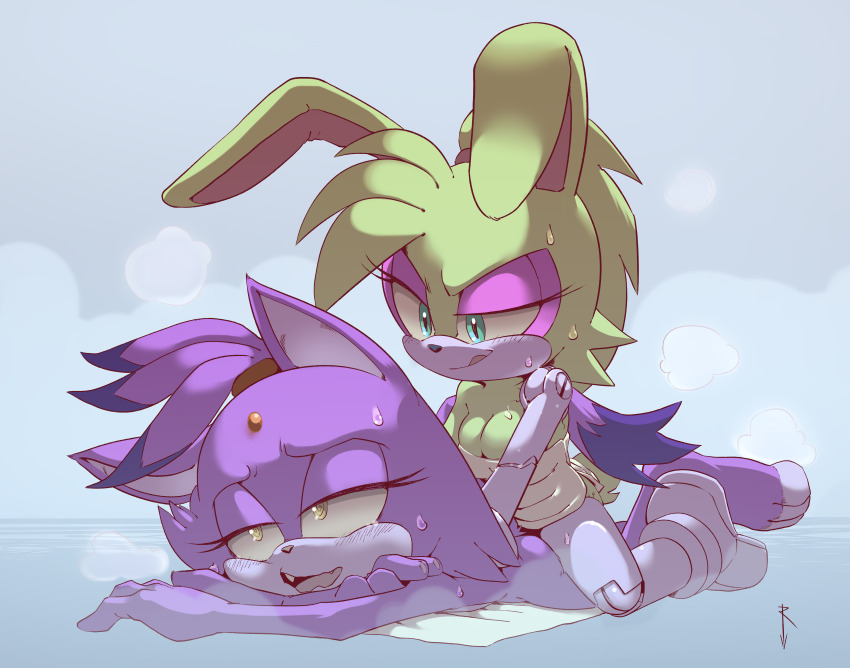 2girls absurdres adam_bryce_thomas animal_ears blaze_the_cat breasts bunnie_rabbot cat_ears cat_girl cat_tail cleavage completely_nude fang forehead_jewel furry furry_female highres lying massage mechanical_arms mechanical_legs medium_breasts multiple_girls nude on_stomach purple_fur rabbit_ears rabbit_girl rabbit_tail single_mechanical_arm sonic_(series) sonic_the_hedgehog_(archie_comics) steam sweat tail third-party_source topknot yellow_eyes yellow_fur