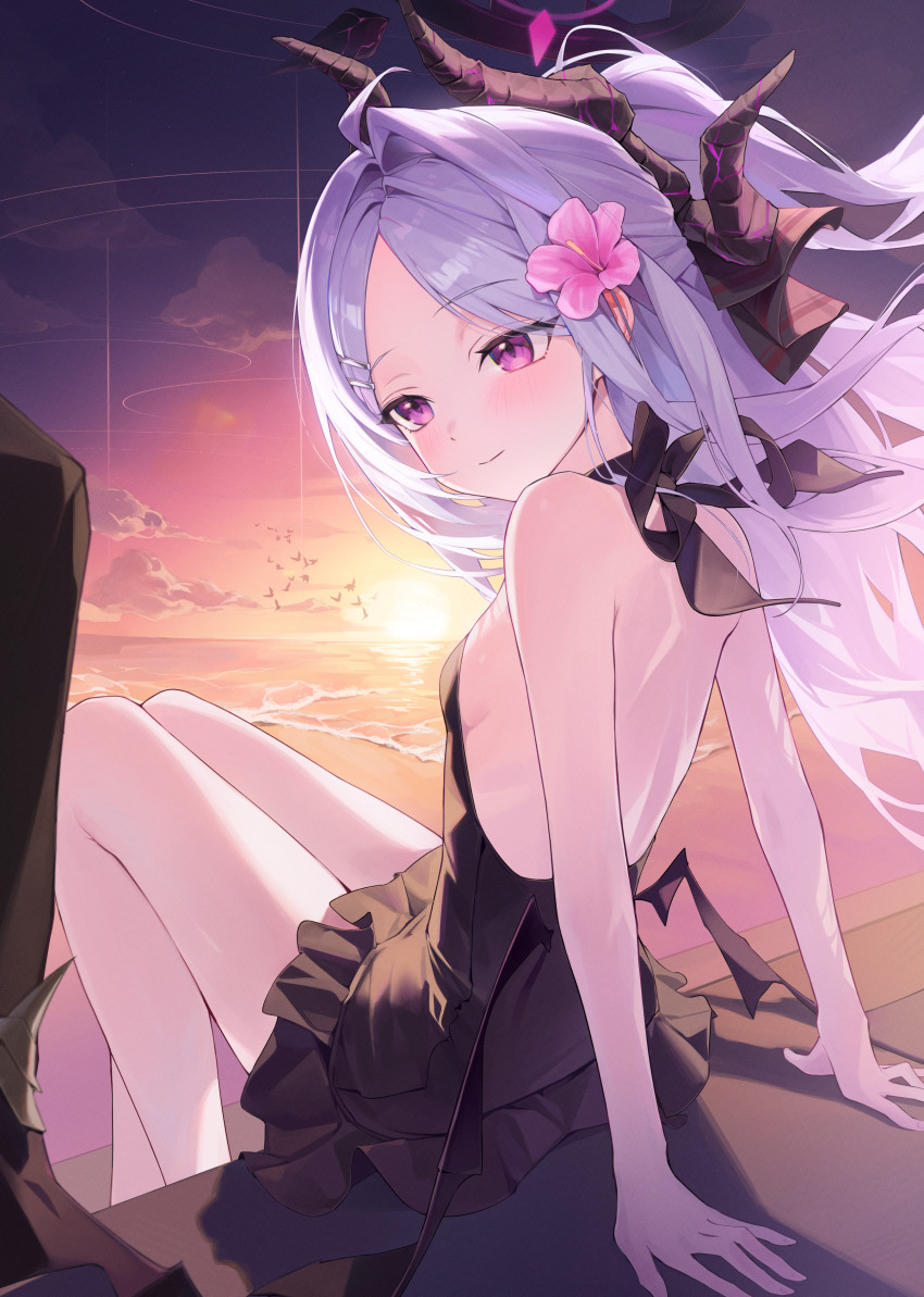 1girl absurdres black_horns black_one-piece_swimsuit black_wings blue_archive blush breasts closed_mouth demon_horns demon_wings flower grey_hair hair_flower hair_ornament halo highres hina_(blue_archive) horns long_hair multiple_horns myao_(myaodayone) ocean one-piece_swimsuit outdoors pink_flower purple_eyes sitting small_breasts smile solo sun sunset swimsuit wings