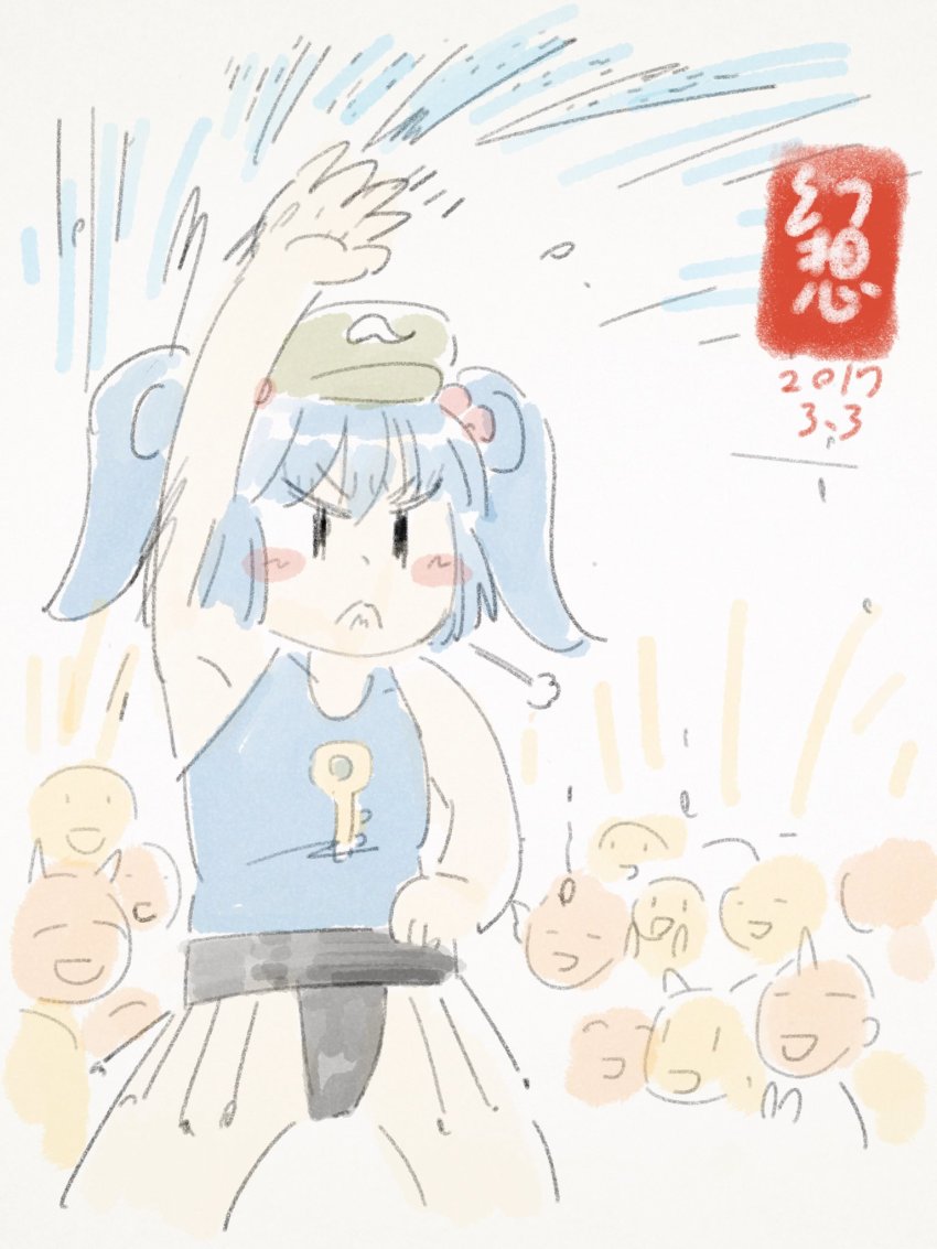 1girl blue_hair blush fundoshi gensoukoumuten hair_bobbles hair_ornament hat highres japanese_clothes kawashiro_nitori key leotard short_hair sumo touhou two_side_up