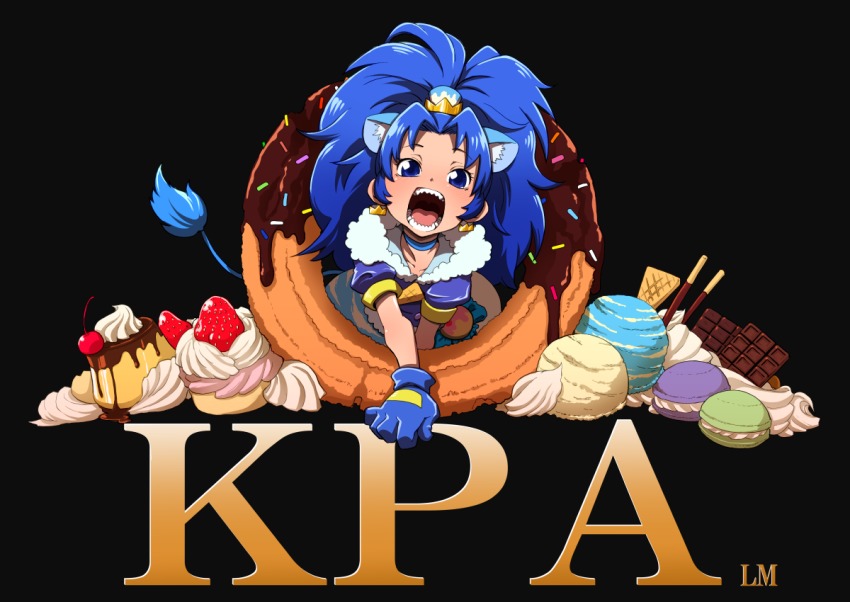 10s 1girl animal_ears black_background blue_eyes blue_gloves blue_hair blue_neckwear blue_theme candy cat_ears cherry chocolate chocolate_bar choker crown cupcake cure_gelato desert donut earrings extra_ears fangs female_focus food fruit gloves gold_crown ice_cream jewelry kirakira_precure_a_la_mode lion lion_ears lion_tail looking_at_viewer macaron magical_girl metro-goldwyn-mayer open_mouth parody precure pudding roaring simple_background solo tail tategami_aoi uchuu_ika wafer_stick