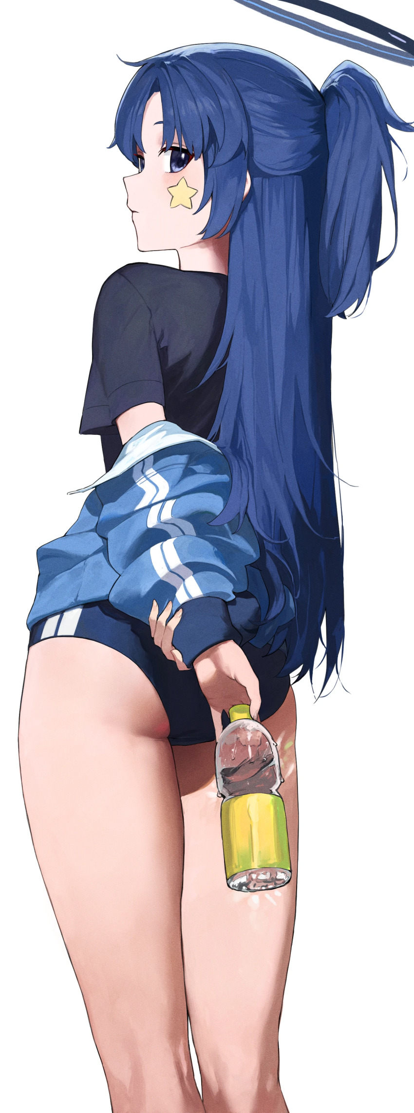 024th 1girl absurdres arms_behind_back ass black_skirt blue_archive blue_buruma blue_eyes blue_hair blue_jacket bottle buruma half_updo halo highres holding holding_bottle holding_own_arm jacket long_hair short_sleeves simple_background skirt solo star_sticker sticker_on_face very_long_hair white_background yuuka_(blue_archive) yuuka_(track)_(blue_archive)