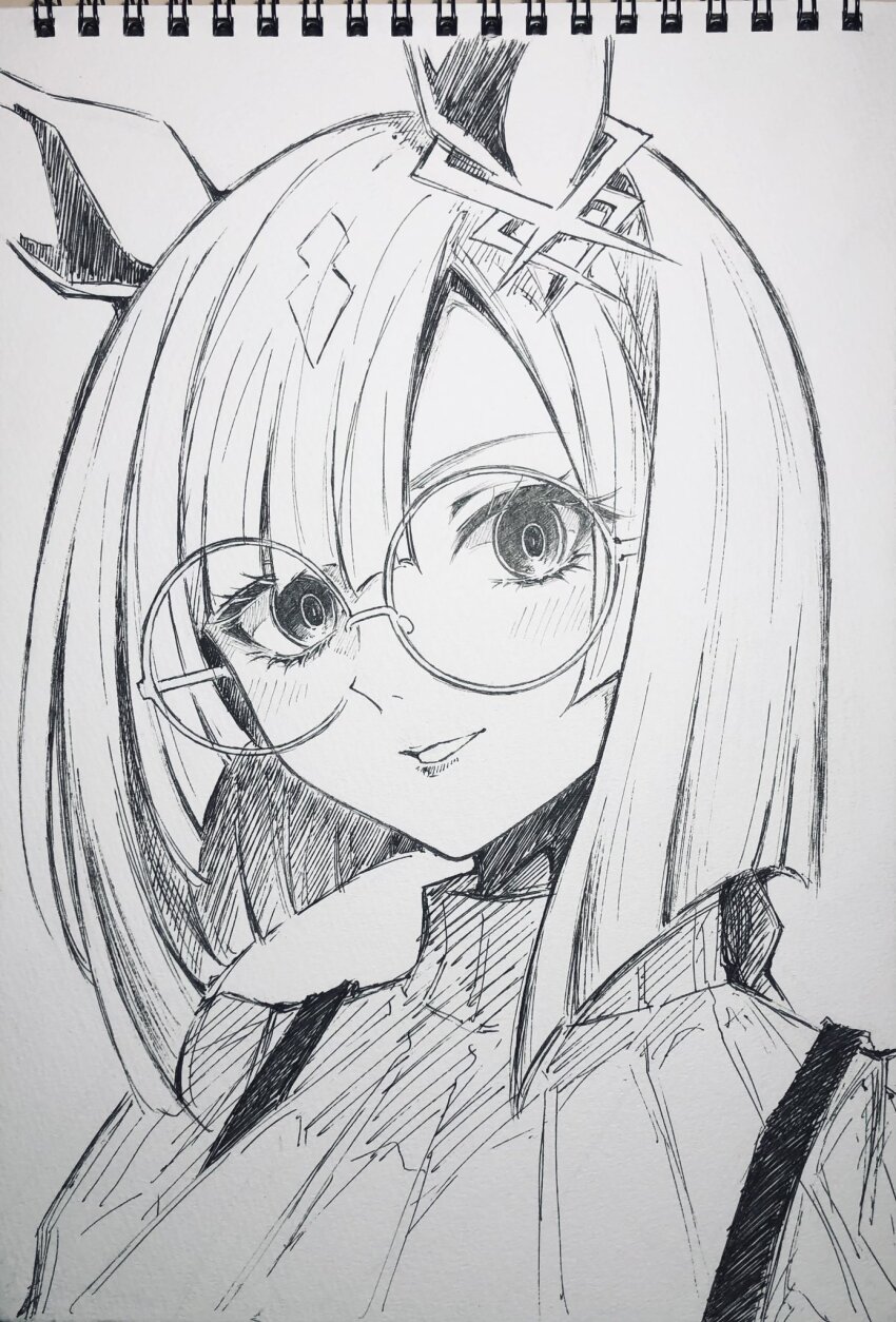 1girl animal_ears glasses greyscale hair_between_eyes highres horse_ears horse_girl ikuno_dictus_(casual)_(umamusume) ikuno_dictus_(umamusume) looking_at_viewer medium_hair mizuiro_neko monochrome parted_lips photo_(medium) portrait round_eyewear simple_background solo sweater traditional_media turtleneck turtleneck_sweater umamusume