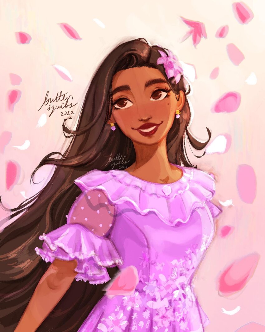 1girl black_hair brown_eyes buttersquibs dark-skinned_female dark_skin dress encanto flower hair_flower hair_ornament highres isabela_madrigal long_hair pink_flower pink_petals purple_dress signature solo
