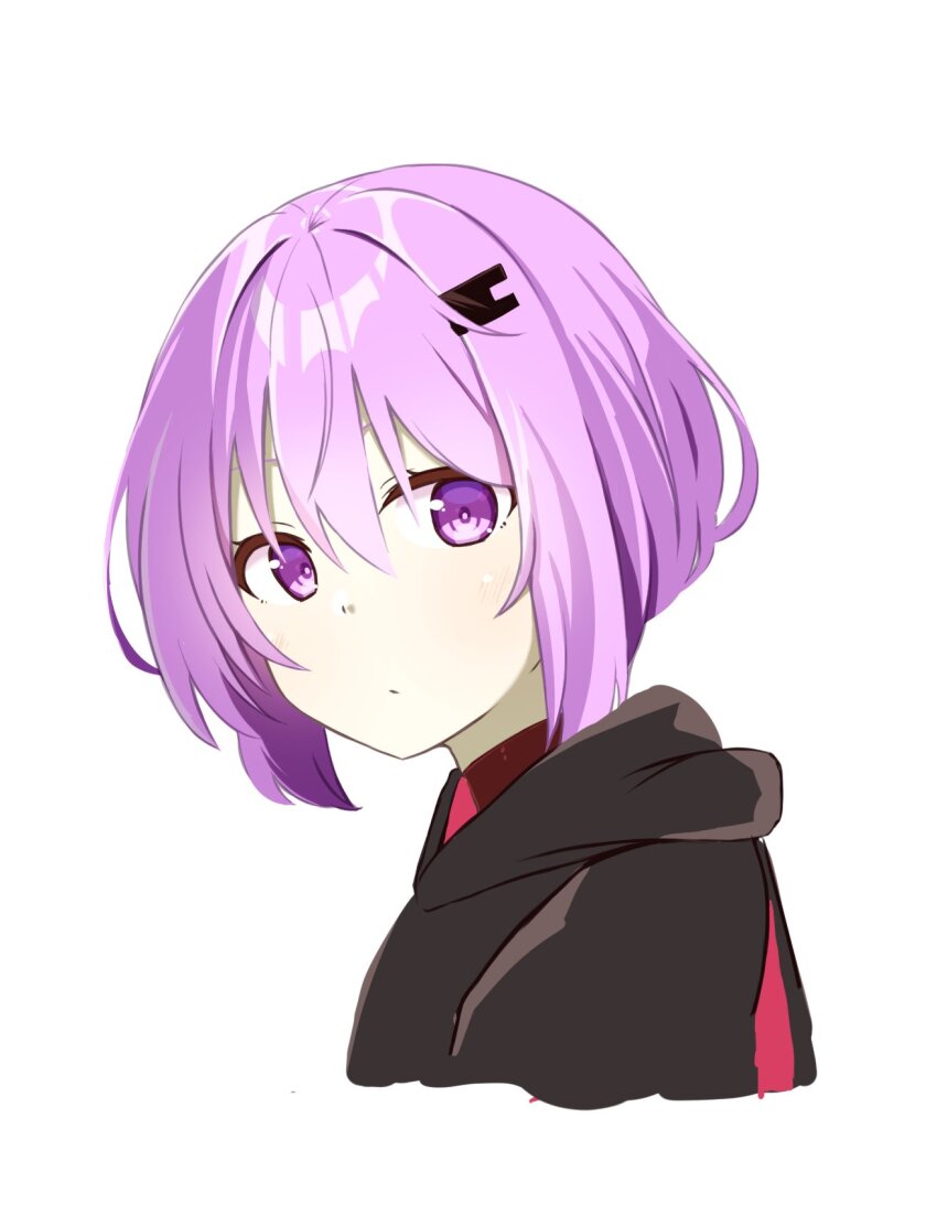 a.i._voice alternate_costume animal_ear_hood black_hood black_hoodie breasts chaakusu closed_mouth commentary_request expressionless fake_animal_ears hair_ornament hairclip highres hood hood_down hoodie looking_at_viewer portrait purple_eyes purple_hair short_hair simple_background small_breasts two-sided_fabric two-sided_hood voiceroid white_background yuzuki_yukari yuzuki_yukari_(shizuku)