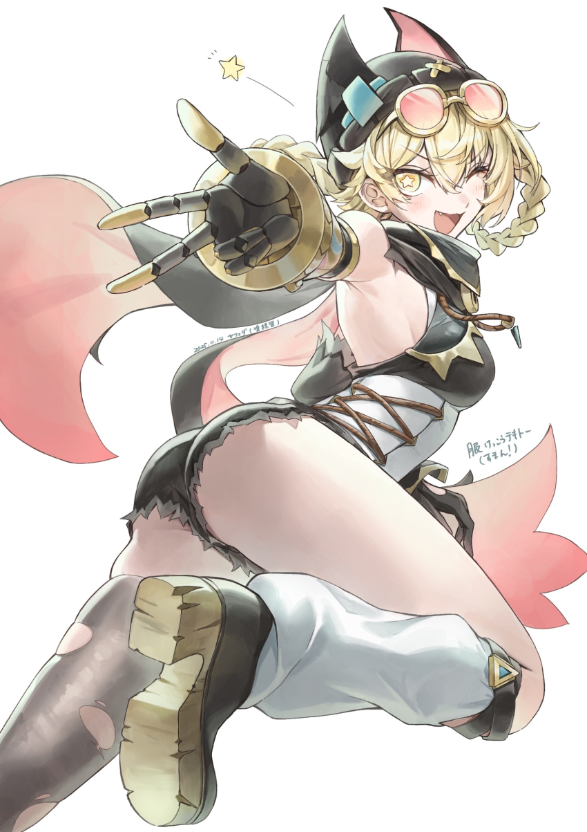 1girl ;d ass bare_shoulders black_hat black_shorts black_thighhighs blonde_hair blush braid braided_hair_rings breasts coppepan eyewear_on_head fang foreshortening genshin_impact hair_rings hat highres jahoda_(genshin_impact) looking_at_viewer loose_socks mechanical_arms one_eye_closed open_mouth shoes short_hair short_shorts shorts simple_background single_mechanical_arm single_thighhigh small_breasts smile socks solo star-shaped_pupils star_(symbol) sunglasses symbol-shaped_pupils thighhighs thighs torn_clothes torn_thighhighs white_background white_socks yellow_eyes