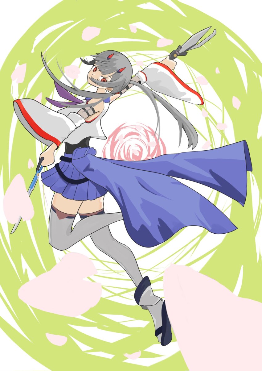 1girl arm_up assault_lily belt black_belt black_shirt blue_sailor_collar blue_skirt commentary covered_mouth crop_top detached_sleeves dual_wielding falling_petals floating floating_hair from_side fujita_asagao full_body green_background grey_hair grey_thighhighs hair_over_mouth hand_up highres holding holding_weapon horns leg_up long_hair long_sleeves looking_at_viewer looking_to_the_side low_twintails mechanical_horns miniskirt neckerchief odaiba_girls_high_school_uniform outstretched_arms petals pleated_skirt purple_neckerchief red_eyes red_horns sailor_collar sandals school_uniform serafuku shirt skirt solo thighhighs twintails two-tone_background undershirt waist_cape washi-san weapon white_background white_shirt zettai_ryouiki zouri