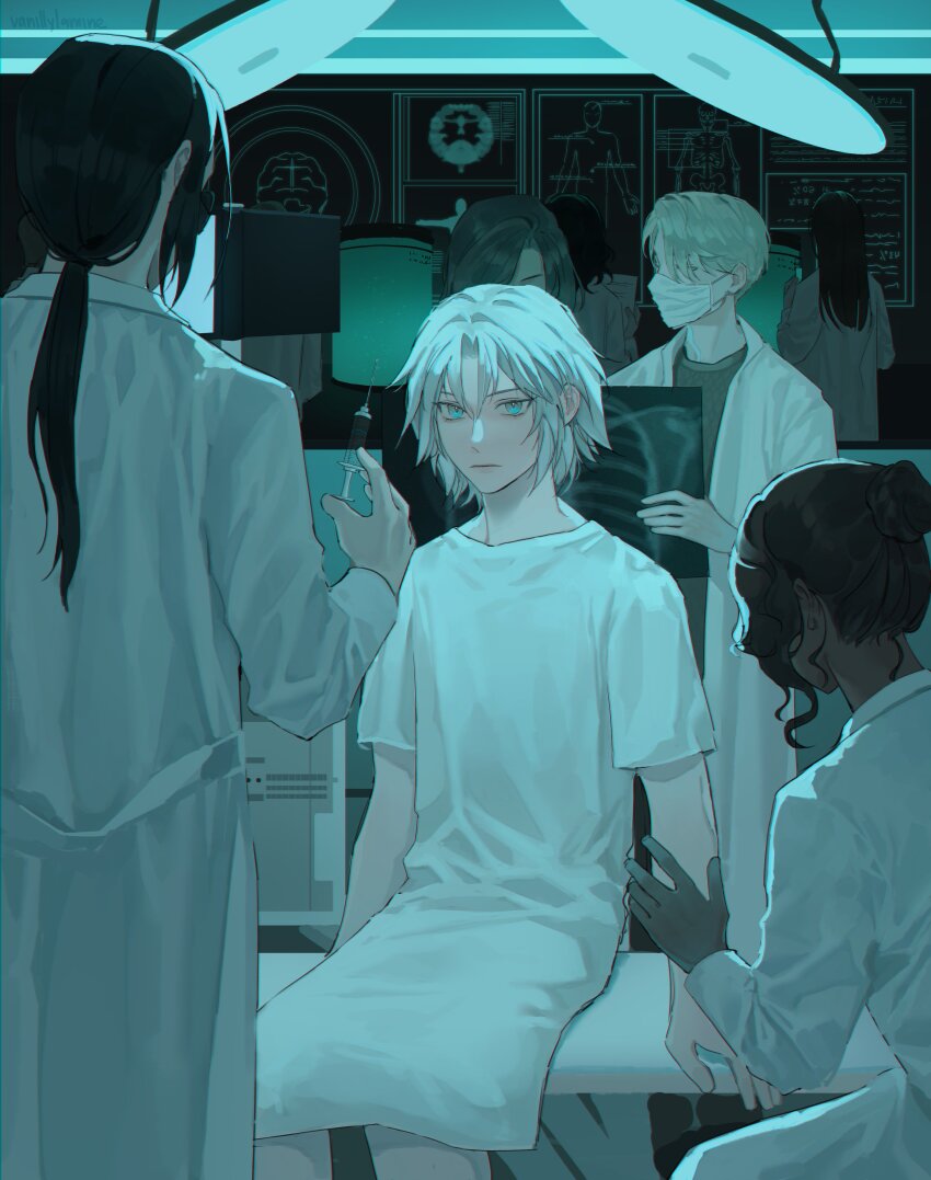 absurdres aged_down aqua_eyes black_hair blonde_hair father_and_son final_fantasy final_fantasy_vii final_fantasy_vii_ever_crisis glasses grey_hair hair_between_eyes hair_bun highres holding holding_syringe hospital_gown lab_coat long_hair low_ponytail mask mouth_mask multiple_boys multiple_girls parted_bangs ponytail professor_houjou sephiroth sephiroth_(ever_crisis) short_hair short_sleeves sitting swept_bangs syringe upper_body vanillylamine wavy_hair