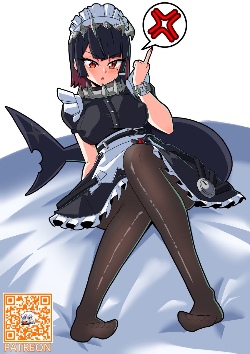 1girl acefish anger_vein black_dress black_hair black_pantyhose breasts covered_erect_nipples dress ellen_joe feet fins fish_tail highres knees_together_feet_apart large_breasts maid maid_headdress middle_finger mole mole_under_eye multicolored_hair on_bed open_mouth pantyhose red_eyes red_hair shark_girl shark_tail sitting solo tail zenless_zone_zero