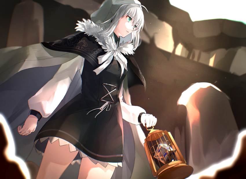 1girl add_(fate) ahoge birdcage black_capelet black_dress cage cape capelet commentary_request cube dress fate/grand_order fate_(series) fur-trimmed_capelet fur_trim gray_(fate) green_eyes grey_cape grey_hair hair_between_eyes highres holding holding_cage hood hood_up hooded_cape hoshi_rasuku long_sleeves lord_el-melloi_ii_case_files neck_ribbon ribbon short_hair white_ribbon