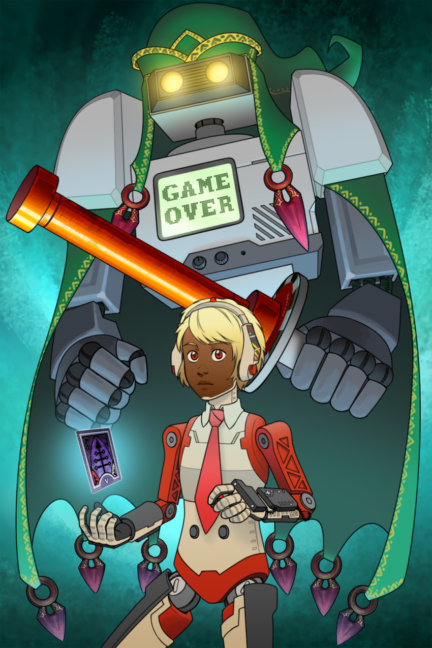 1other ancient_minister card commentary commission crossover dark_skin english_commentary family_computer_robot gloves glowing glowing_eyes guilhermerm headphones highres mechabare necktie nintendo parody persona persona_4 personification power_glove red_eyes robot solo super_smash_bros. sword tarot tarot_card the_hierophant_(tarot) weapon
