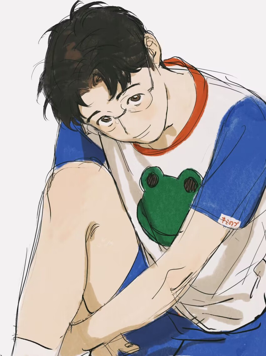 1boy animal_print blue_shorts brown_eyes brown_hair chengongzi123 closed_mouth frog_print glasses highres knee_up kogure_kiminobu looking_at_viewer male_focus rimless_eyewear round_eyewear shirt short_hair short_sleeves shorts simple_background sitting slam_dunk_(series) smile solo very_short_hair white_background white_shirt