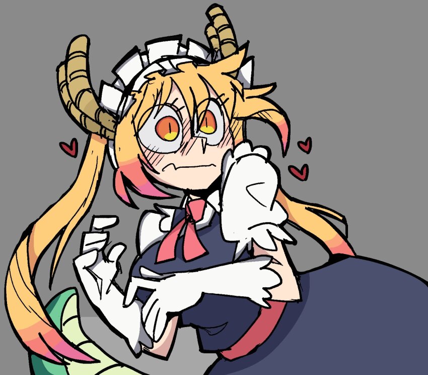 1girl black_dress blush dragon_girl dragon_horns dragon_tail dress gloves grey_background heart helltaker highres horns kobayashi-san_chi_no_maidragon maid maid_headdress orange_eyes orange_hair short_sleeves simple_background sketch solo tail third-party_edit tohru_(maidragon) vanripper white_gloves