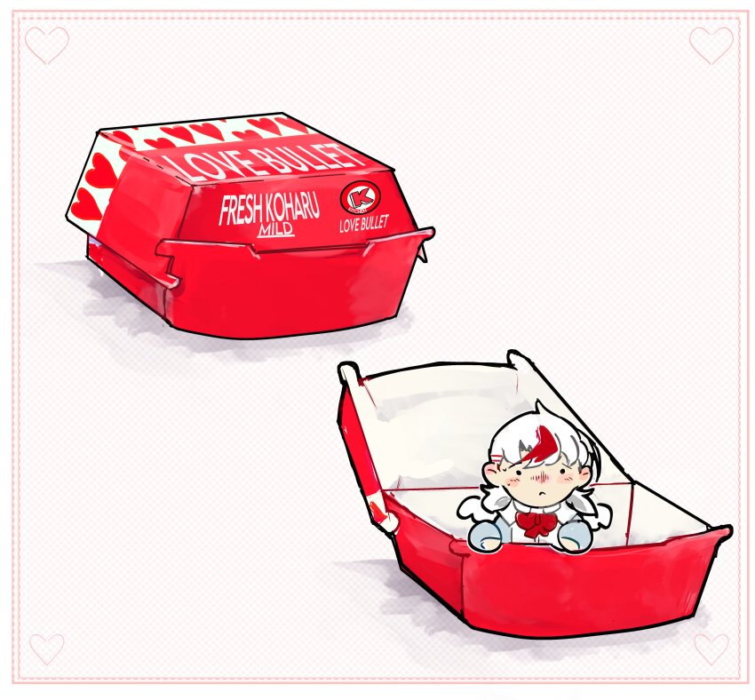 ._. 1girl absurdres blush blush_stickers border bow box checkered_background chibi commentary food_packaging frown highres in_box in_container jellybunni koharu_(love-bullet) looking_at_viewer love-bullet multicolored_hair nose_blush parody red_bow red_streaks sad short_twintails simple_background solo streaked_hair twintails white_background white_hair