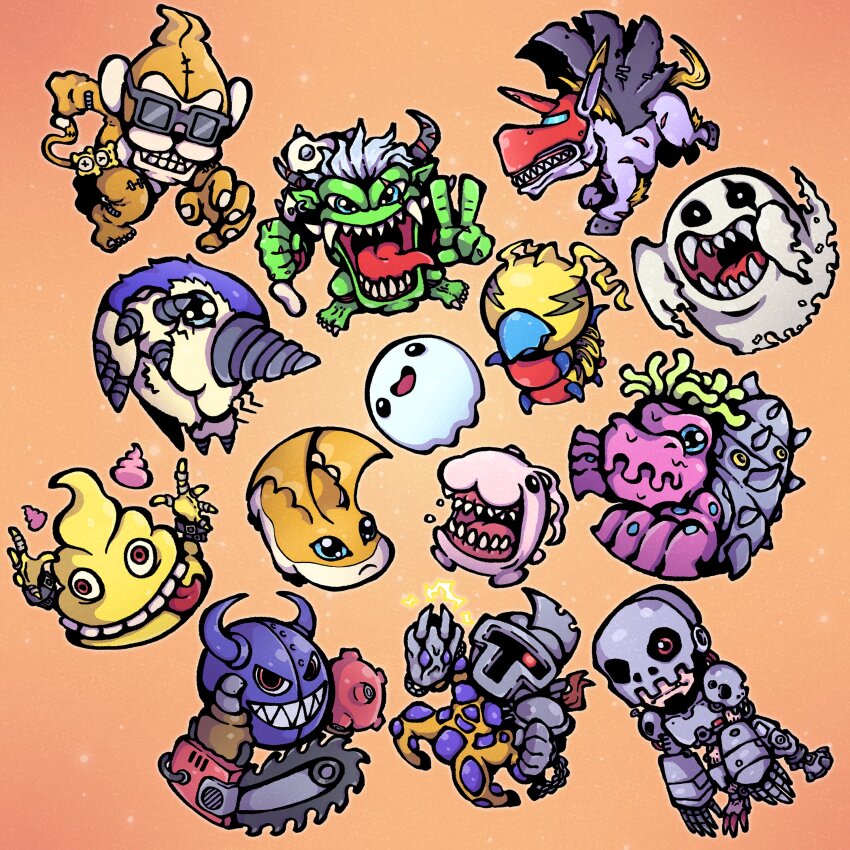 absurdres andromon bakemon centalmon digimon digimon_(creature) drimogemon etemon ghost giromon highres kunemon monzaemon orgemon patamon poyomon scar scumon sharp_teeth shellmon smile teeth tokomon tongue unimon wings